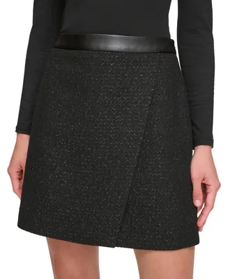 Dkny Women's Lurex Tweed Faux-Leather-Trim A-Line Skirt