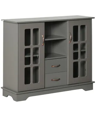 Homcom Sideboard Buffet Cabinet, Kitchen Cabinet, Coffee Bar Cabinet with 2 Framed Glass Doors, 2 Drawers and 2 Open Shelves for Living Room, Gray