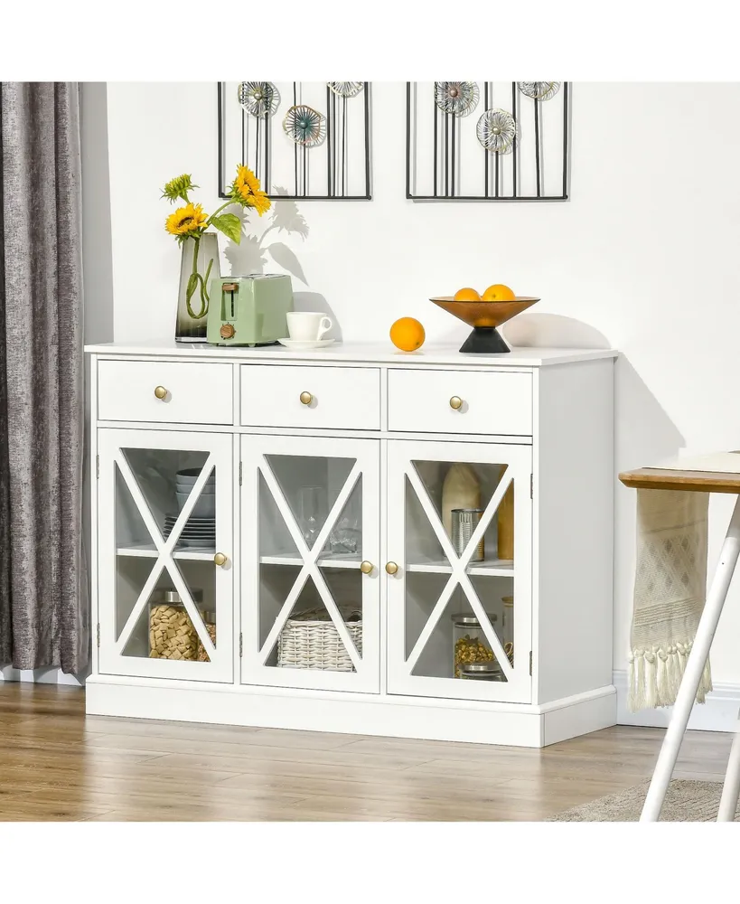 Homcom 45" Farmhouse Sideboard Buffet Cabinet, Credenza,Coffee Bar Cabinet with Glass Doors and 3 Drawers, White