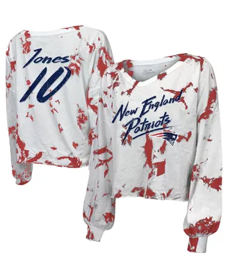 Women's Majestic Threads Mac Jones White New England Patriots Off-Shoulder Tie-Dye Name and Number Cropped Long Sleeve V-Neck T-shirt