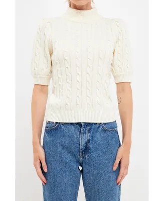 English Factory Women's Short-Sleeve Cable-Knit Sweater