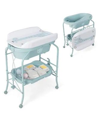Costway Baby Changing Table with Bathtub, Folding & Portable Diaper Station Wheels