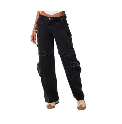 Women's Convertible two piece denim cargo pants - Black