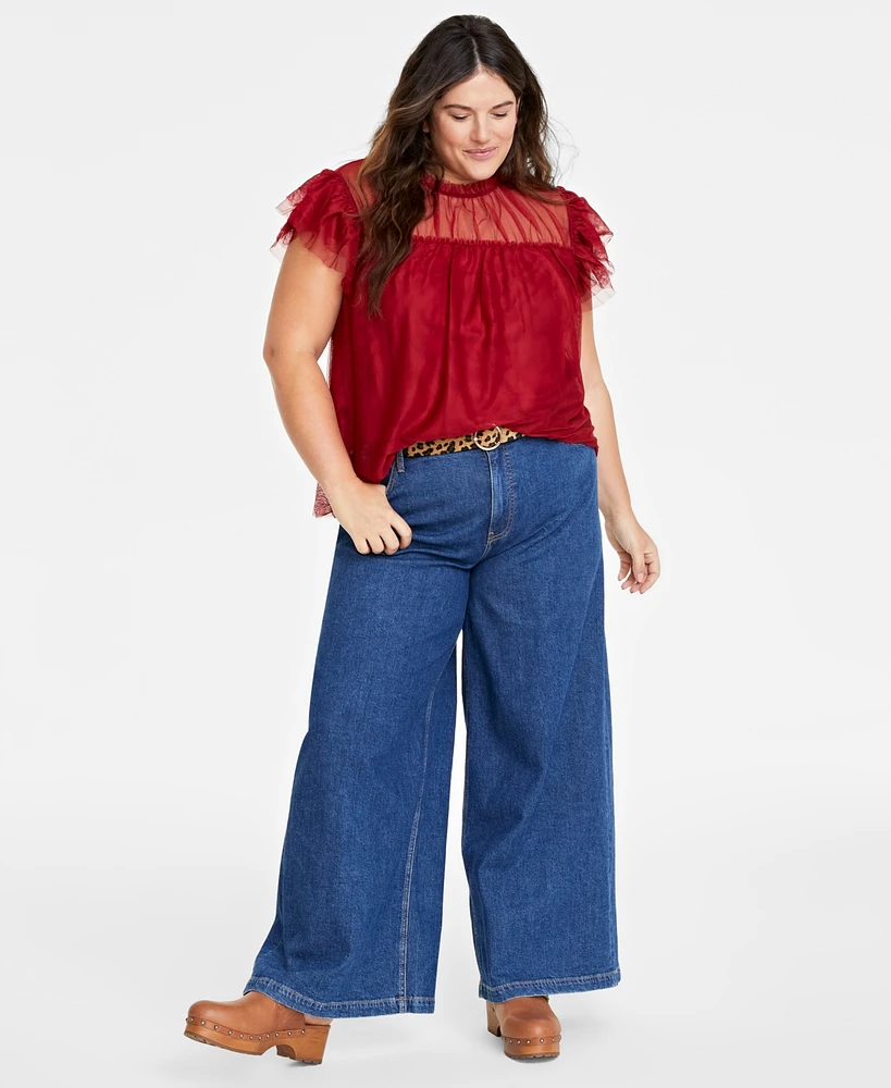 On 34th Plus Size Tulle Flutter-Sleeve Top, Created for Macy's