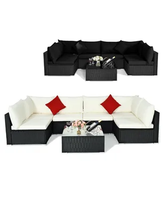 7PCS Patio Rattan Furniture Set Sectional Sofas Cushion Covers