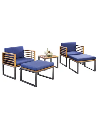5pcs Patio Acacia Wood Cushioned Chair Ottoman Table Furniture Set Outdoor