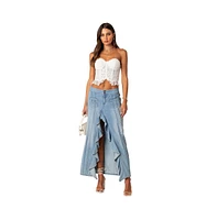 Women's Valencia Ruffle Slitted Denim Maxi Skirt