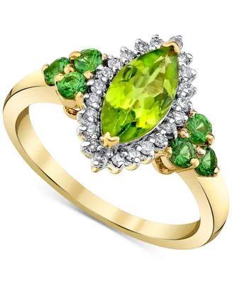 Peridot (1-1/4 ct. t.w.), Tsavorite (5/8 ct. t.w.) & Diamond (1/6 ct. t.w.) Halo Ring in 10k Gold - Multi