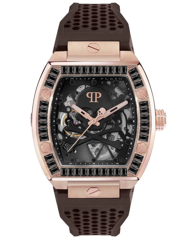 Philipp Plein Men's Automatic The Keleton Brown Silicone Strap Watch 44mm