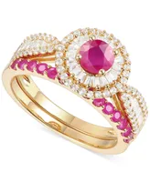 Ruby (1 ct. t.w.) & Diamond (5/8 ct. t.w.) Halo Bridal Set in 14k Gold