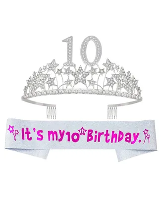 10th Birthday Glitter Sash and Starry Sky Rhinestone Metal Tiara for Girls - Perfect Princess Party Gifts for Celebrating Double Digits