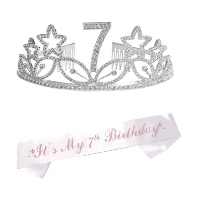 Girls 7th Birthday Glitter Sash and Stars Rhinestone Metal Tiara Set - Perfect for Princess Party Celebration and Birthday Gifts