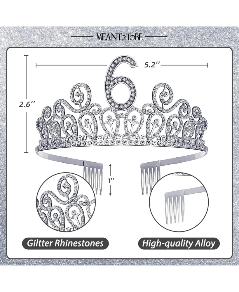 6th Birthday Glitter Sash and Ripples Rhinestone Metal Tiara for Girls, Perfect Princess Party Accessories and Gifts for Celebrating Turning Six