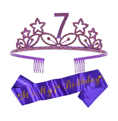Girls 7th Birthday Glitter Sash and Stars Rhinestone Metal Tiara Set - Perfect for Princess Party Celebration Gifts