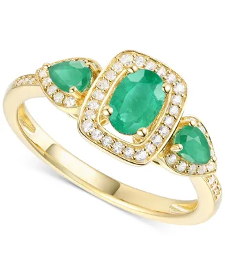 Emerald (3/4 ct. t.w.) & Diamond (1/5 ct. t.w.) Three Stone Halo Ring in 14k Gold