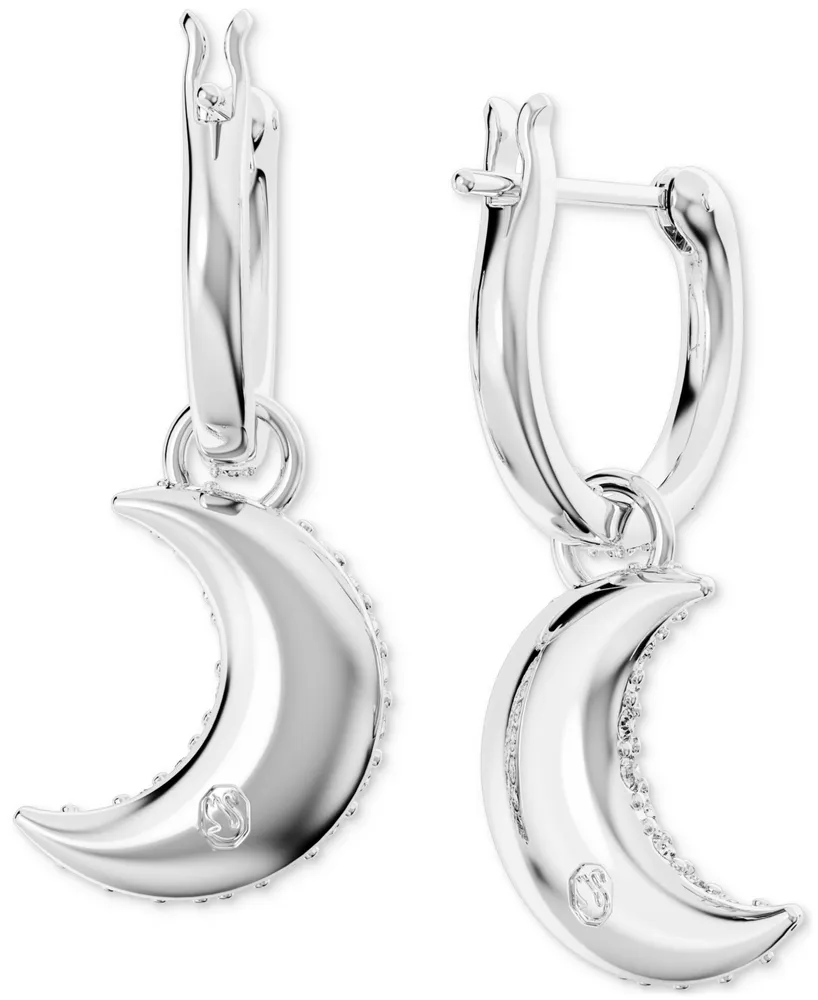 Swarovski Rhodium-Plated Pave Moon Charm Hoop Earrings