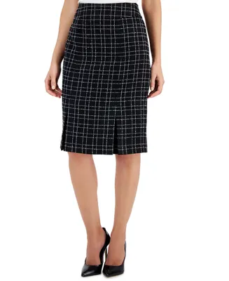 Kasper Petite Plaid Tweed Kick-Pleat Pencil Skirt