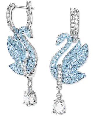 Swarovski Silver-Tone Blue & White Crystal Iconic Swan Drop Earrings