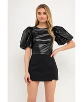 endless rose Women's Pu Leather Puff Sleeve Cropped Top