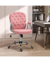 Vinsetto Vanity Pu Leather Mid Back Office Chair Swivel Tufted Backrest Task Chair with Padded Armrests, Adjustable Height, Rolling Wheels, Pink