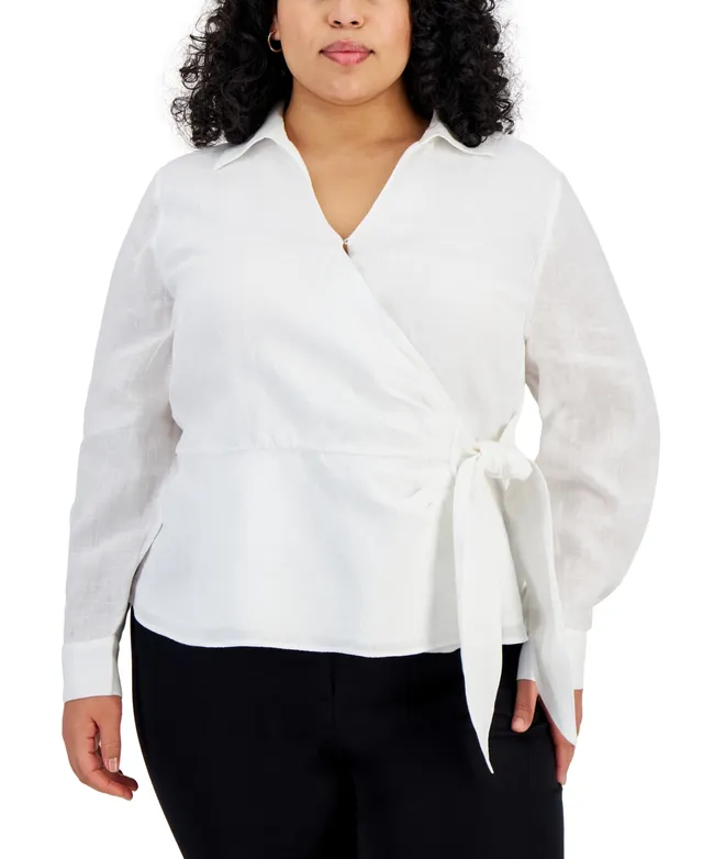 I.n.c. International Concepts Plus Size Collared Long-Sleeve Wrap Top,  Created for Macy's