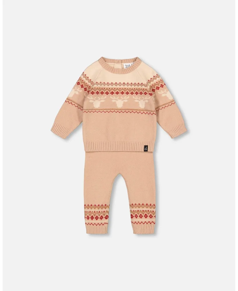 Baby Boy Jacquard Knitted Sweater And Pants Set Beige - Infant