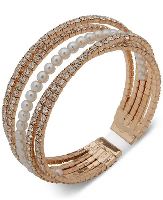 Anne Klein Women's Boxed Gold-Tone Imitation-Pearl & Crystal Crisscross Coil Cuff Bracelet