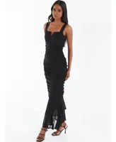 Quiz Women's Black Mesh Notch Neck Maxi Dress