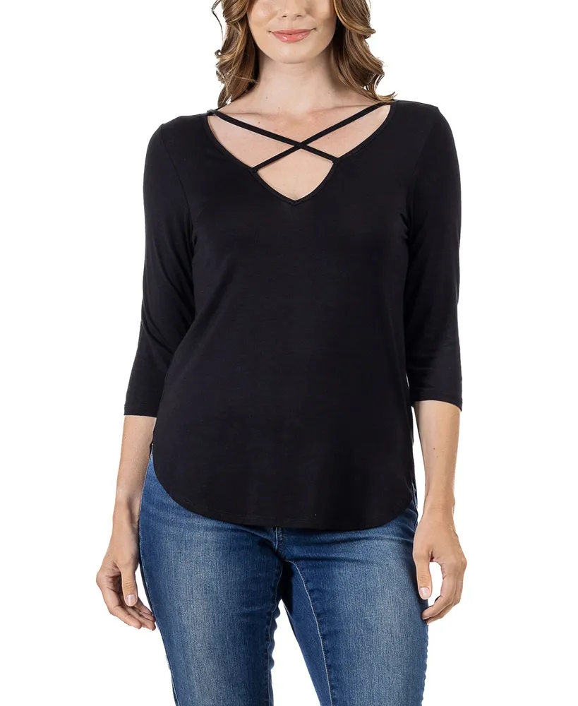 24seven Comfort Apparel Women's Criss Cross Round Hemline Tunic Top