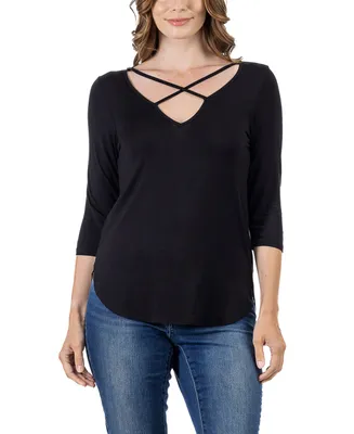 24seven Comfort Apparel Women's Criss Cross Round Hemline Tunic Top