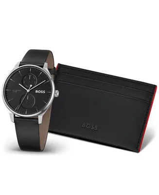 Hugo Boss Men's Tyler Quartz Multifunction Black Leather Watch 43mm, Black Leather Boss Card Holder Gift Set
