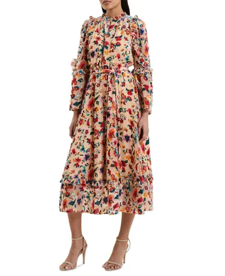 French Connection Women's Avery Long Sleeve Burnout Floral Midi Dress