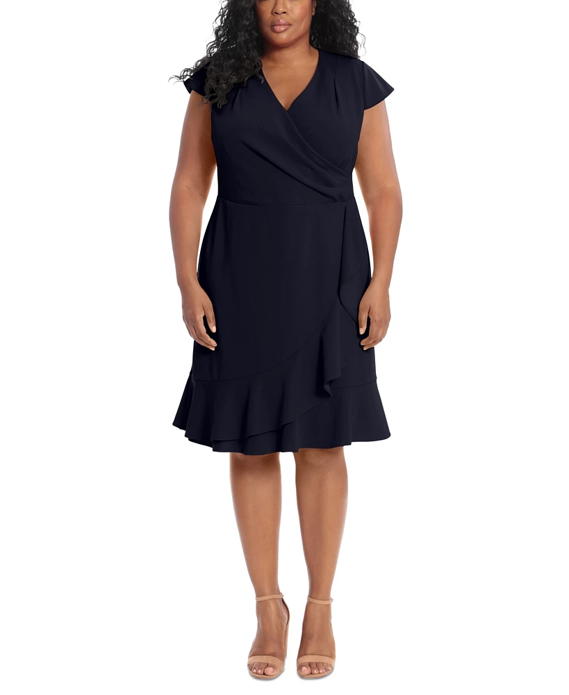 London Times Plus Pleated Flounce Surplice Dress