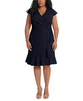 London Times Plus Pleated Flounce Surplice Dress