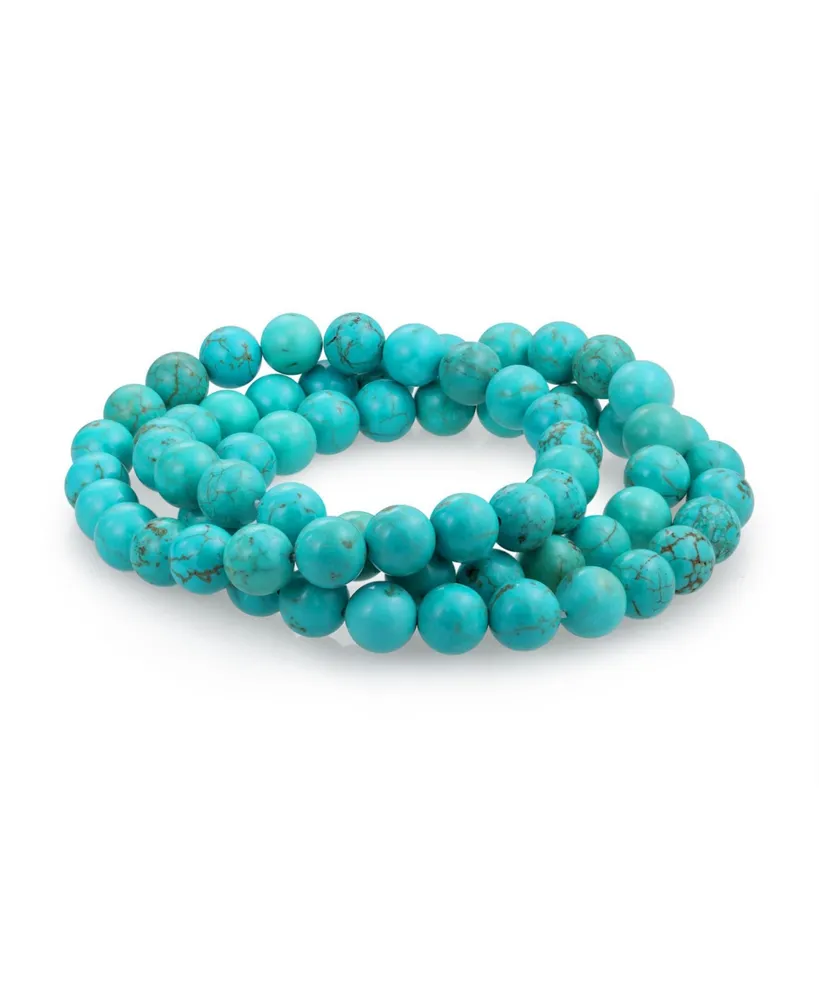 Bling Jewelry Simple Plain Set Of 3 Stabilized Turquoise 8MM Ball Bead Stones Stackable Strands Stretch Bracelet For Women For Teen