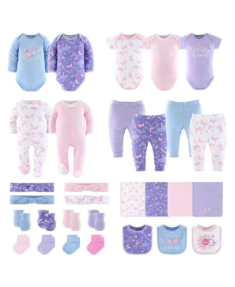 The Peanutshell Baby Girls Newborn Layette Gift Set Purple Pink Butterfly, 30 Essential Pieces,