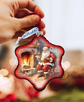 Designocracy Santa at the Fireplace Snowflake Mercury Glass Christmas Ornaments G. DeBrekht