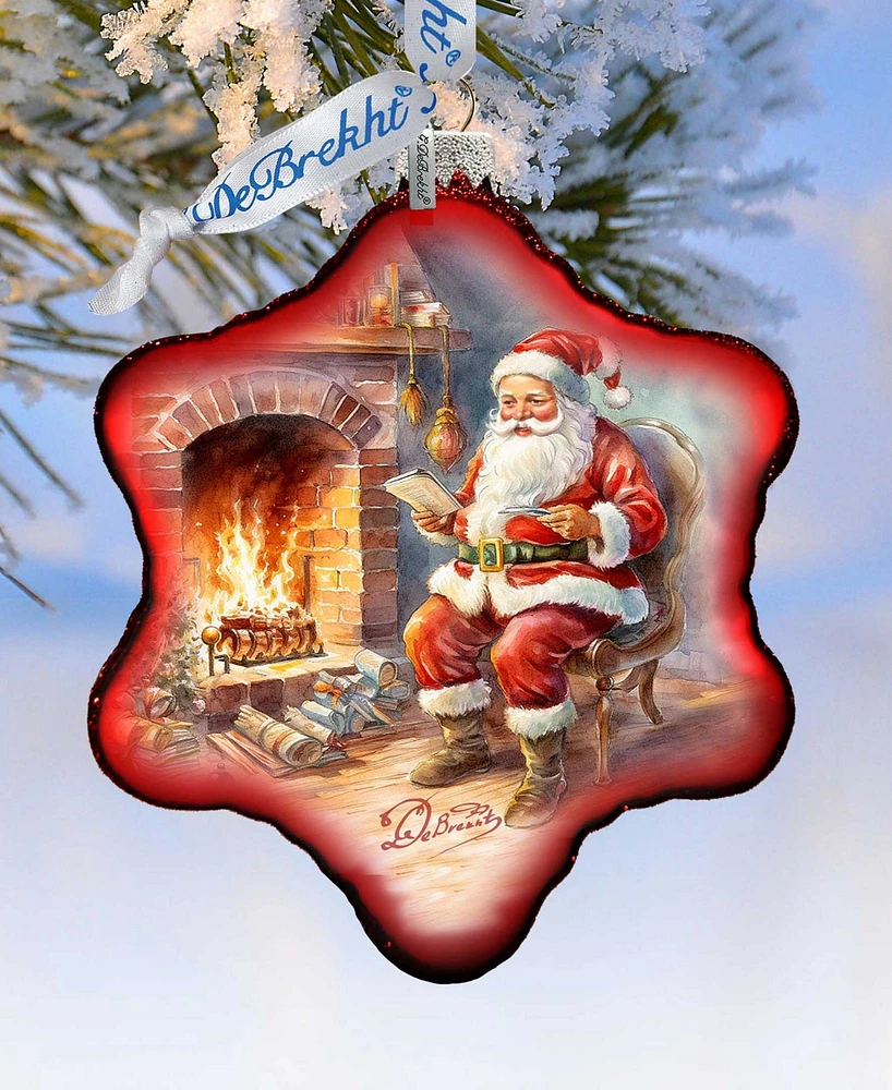 Designocracy Santa at the Fireplace Snowflake Mercury Glass Christmas Ornaments G. DeBrekht