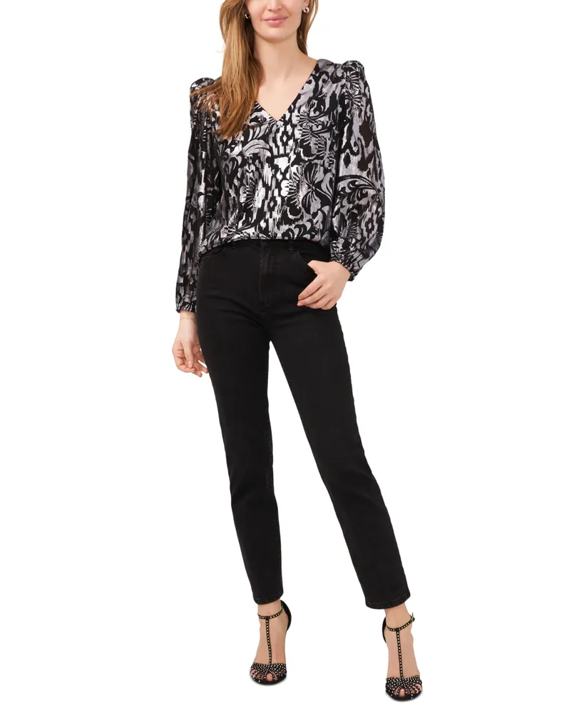 1.state Women's Metallic-Print Puff-Sleeve V-Neck Blouse