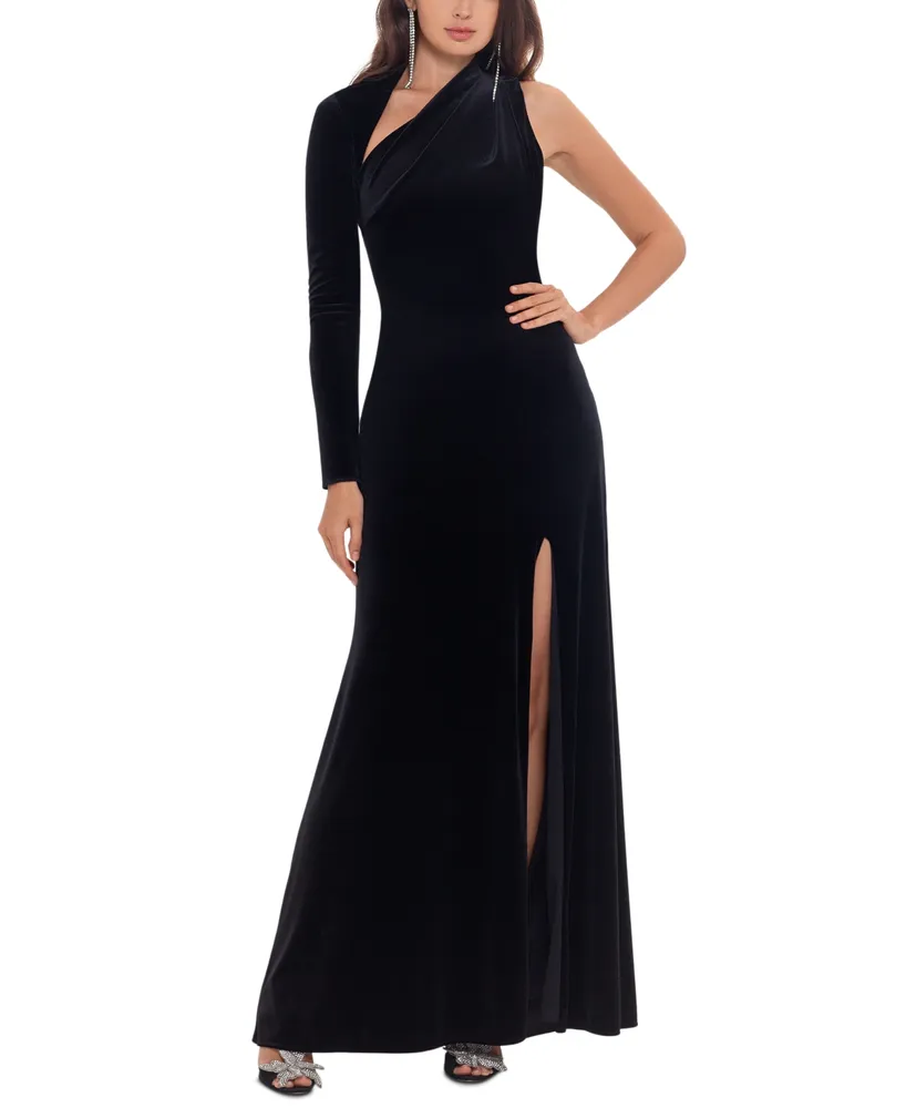 Betsy & Adam Women's Velvet Asymmetrical-Neck One-Sleeve Gown