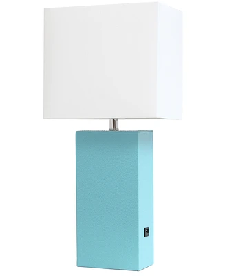 Lalia Home Lexington 21" Leather Base Modern Decor Bedside Table Lamp with Usb Charging Port