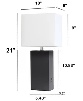 Lalia Home Lexington 21" Leather Base Modern Decor Bedside Table Lamp with Usb Charging Port