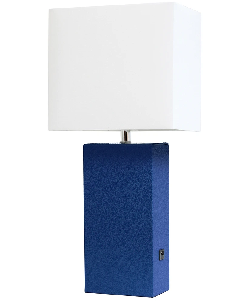 Lalia Home Lexington 21" Leather Base Modern Decor Bedside Table Lamp with Usb Charging Port