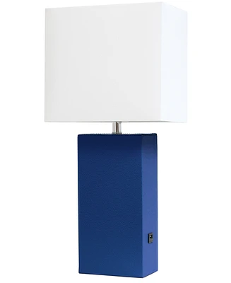 Lalia Home Lexington 21" Leather Base Modern Decor Bedside Table Lamp with Usb Charging Port