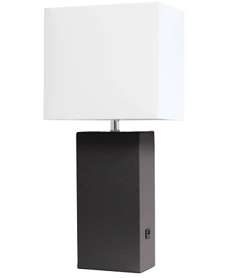 Lalia Home Lexington 21" Leather Base Modern Decor Bedside Table Lamp with Usb Charging Port