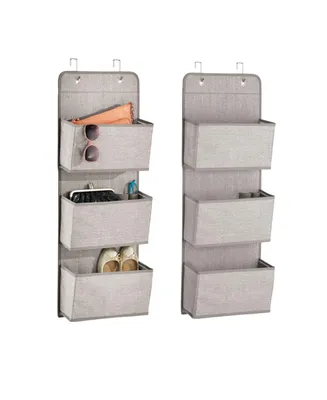 mDesign Fabric Closet Hanging Organizers - 3 Pockets + Hooks, 2 Pack, Linen/Tan