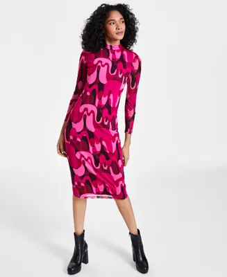 Bar Iii Women's Printed Mesh Mock Neck Midi Dress, Created for Macy's