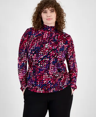 Bar Iii Plus Size Printed Gathered-Shoulder Mesh Top, Created for Macy's