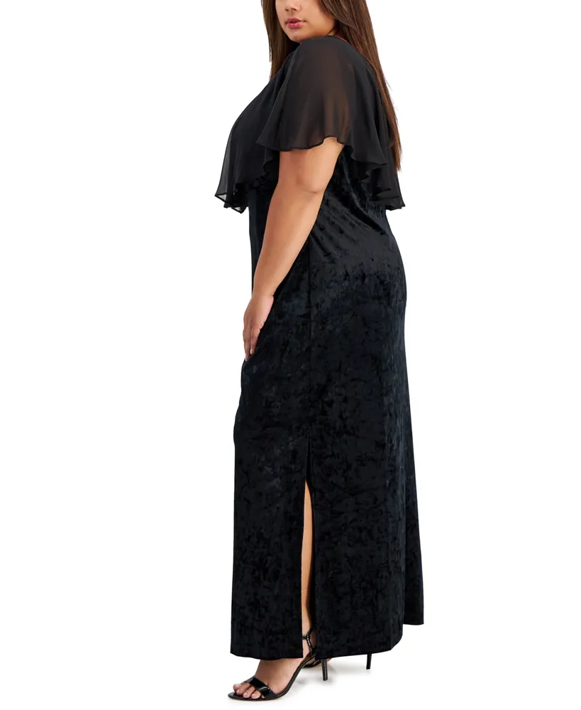 Connected Plus Size V-Neck Velvet Side-Slit Cape Dress