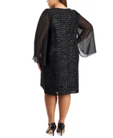Connected Plus Size Round-Neck Cape-Sleeve Sequin Sheath Dress